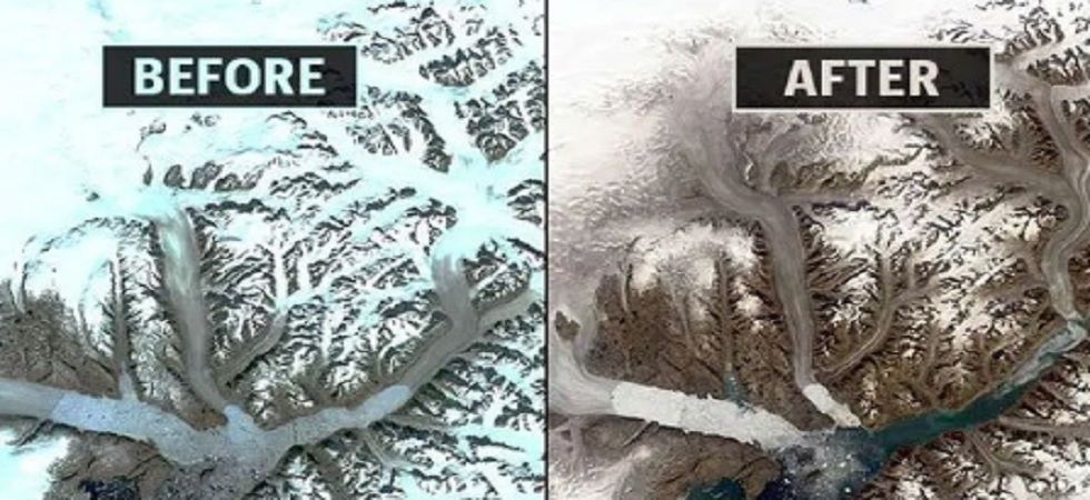 According to NASA, the differences in colour between the two images indicate that the surface of the glacier has melted. (NASA)